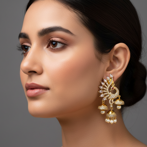 women wearing Lumibella Peacock 3 Layer Jhumka