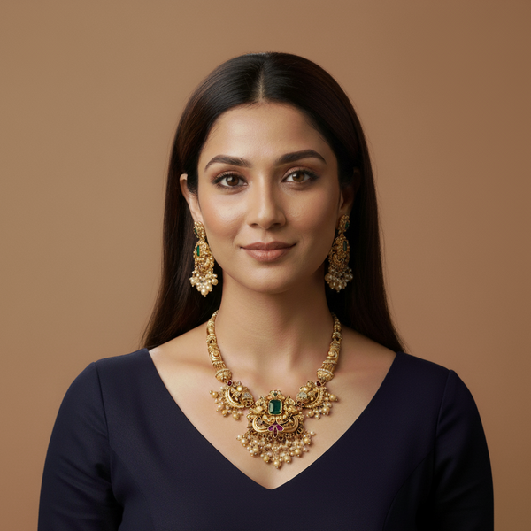 Women wearing Peacock Hasli Neckset from Lumibella Fashion. 
