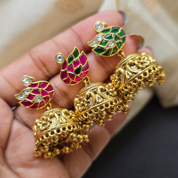 Peacock Jhumka With Jadau Kundan