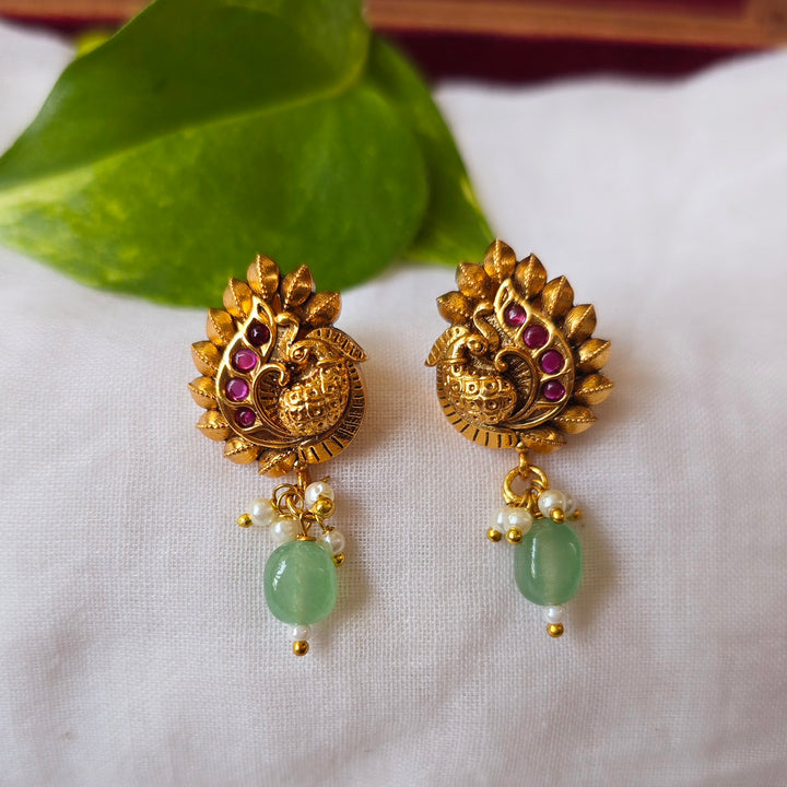 Peacock Studs With Pastel Green Pearls