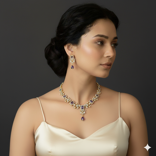 Woman wearing a ad necklace and earrings  