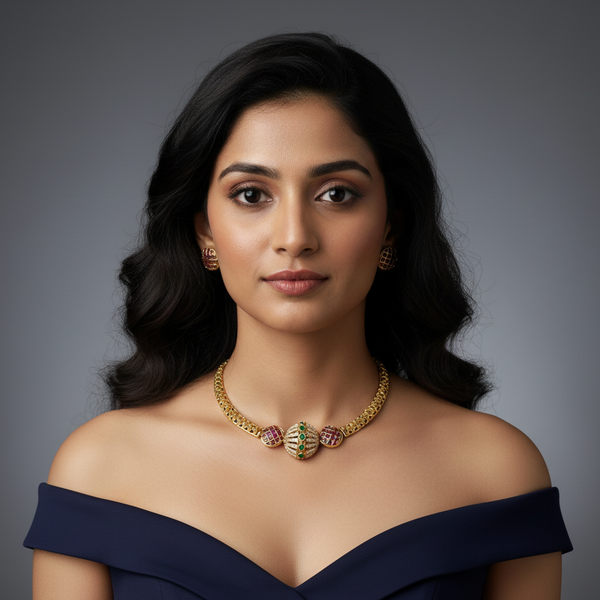 women wearing Round Kemp Pendant Hasli Choker. 