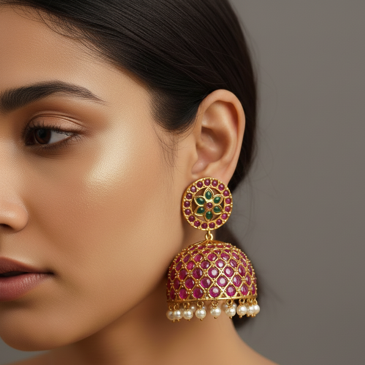 Women wearing lumibella's Ruby Bridal Jhumkis.