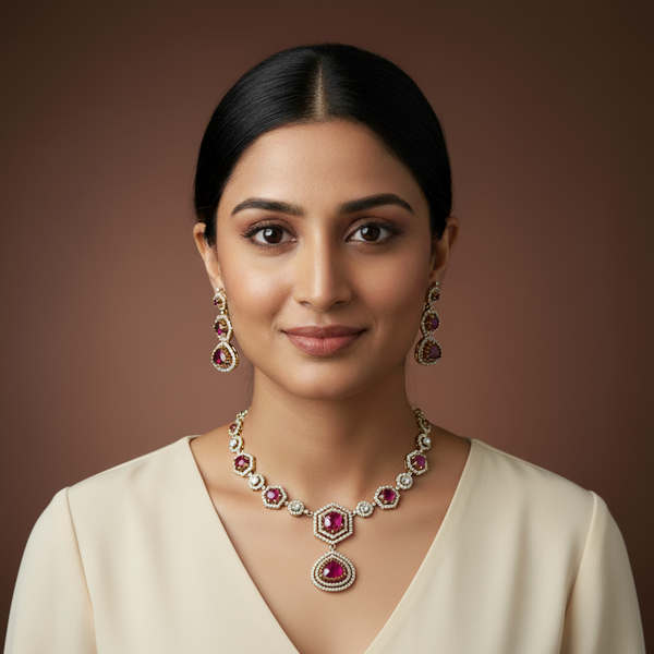 women wearing Ruby Victorian Diamond Necklace. 