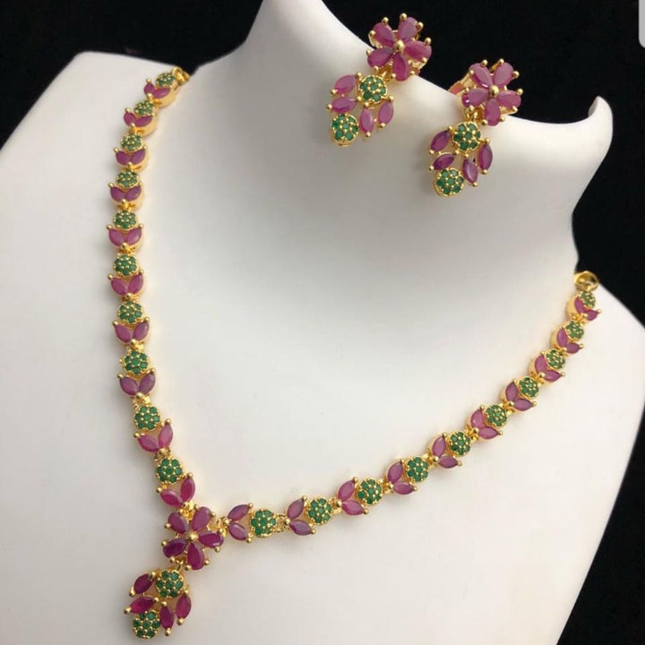 Ruby and Green Stone Studded American Diamond Neck set - LumibellaFashion