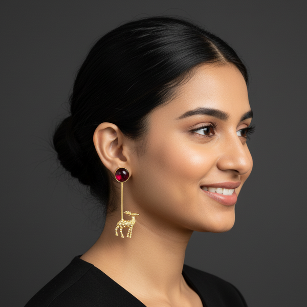 women wearing lumibella's Sleek Earrings With Deer And Red Stones. 