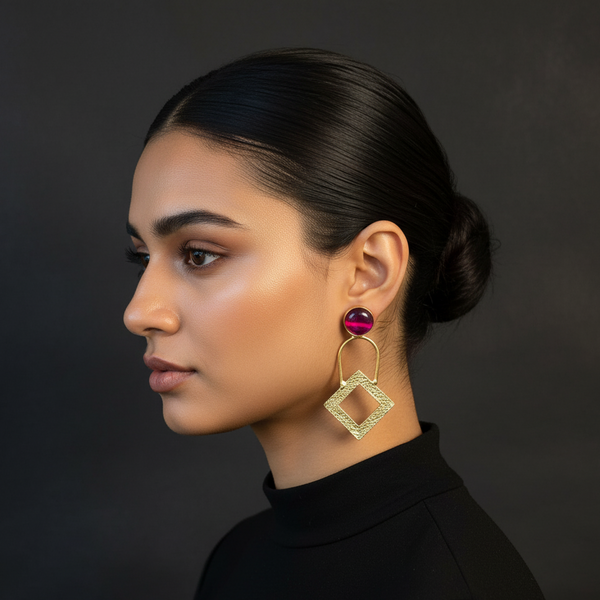 women wearing Square Golden Dangler Earrings from Lumibella Fashion. 