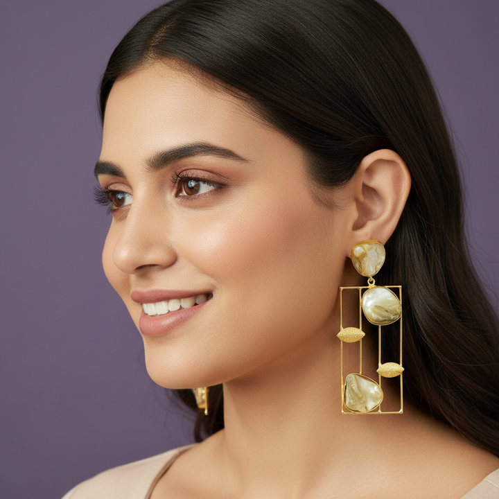 women wearing lumibella's Uncut Semi Precious Pearl Earrings. 