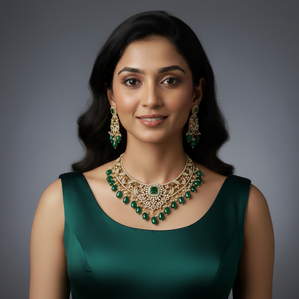 women wearing Victorian Green Peacock Necklace.
