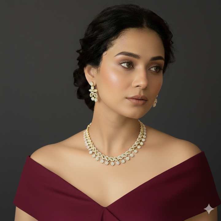 Woman wearing a gold ad necklace and earrings.