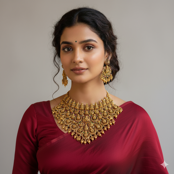 ai model wearing temple chokers for indian brides.