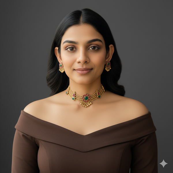 Woman wearing gold choker jewelry.