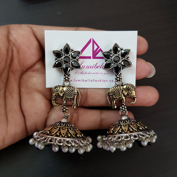 Elegant Oxidised Jhumkas with elephant charm and pearls - LumibellaFashion