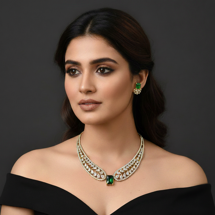 Woman wearing lumibella fashion green gemstone choker jewelry.