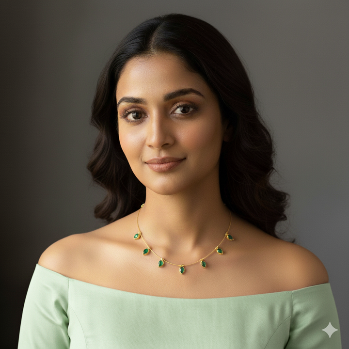 Woman wearing a green invisible neckset.