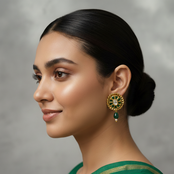 women wearing green jadau studs. 