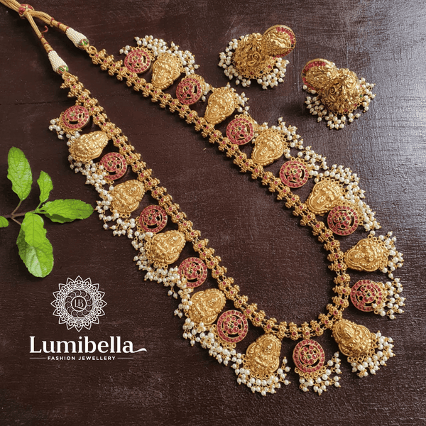 Long Guttapusalu Neckset With Jhumki - LumibellaFashion