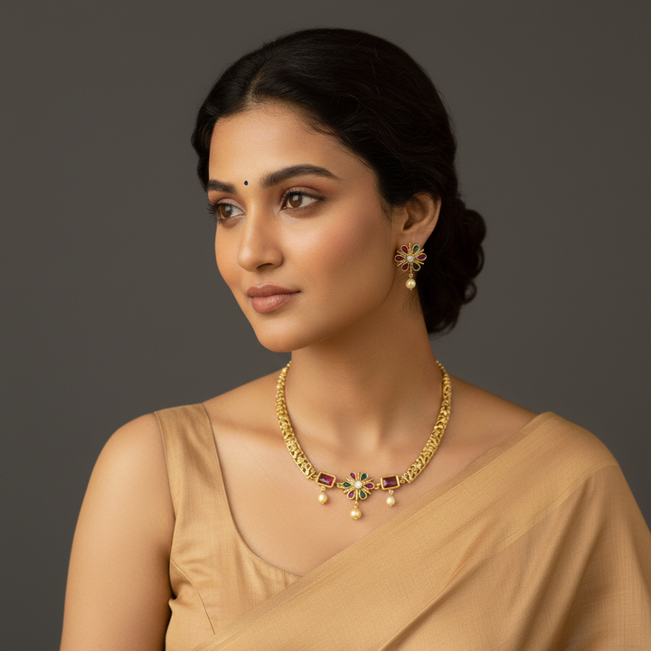 Woman wearing lumibella fashion gold polish hasli necklace. 