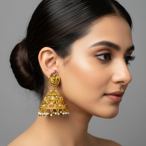 women wearing heavy work bridal jadau jhumkas