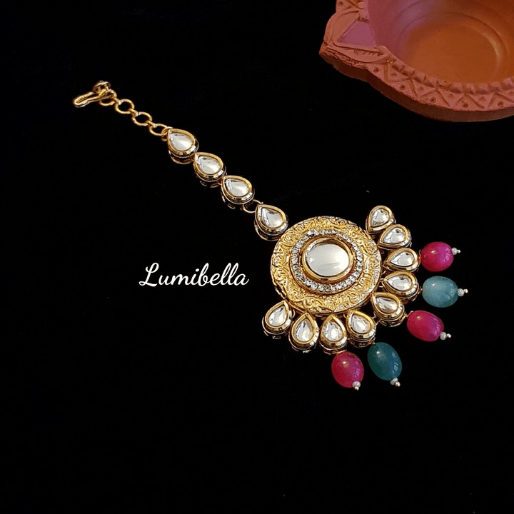 Round Multi Kundan Maang Tikka With Pearls - LumibellaFashion