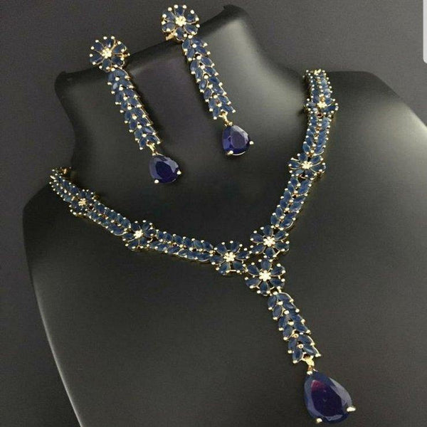 Deep Blue American Diamond Style Neckset with Long Earrings - LumibellaFashion