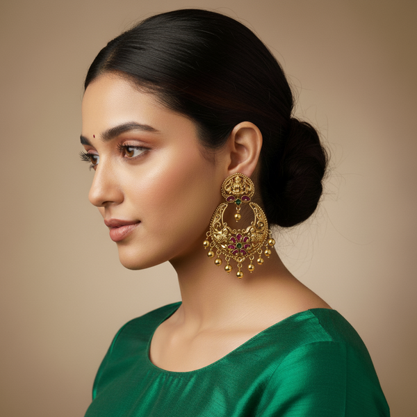 ai model wearing temple chandbali earrings.