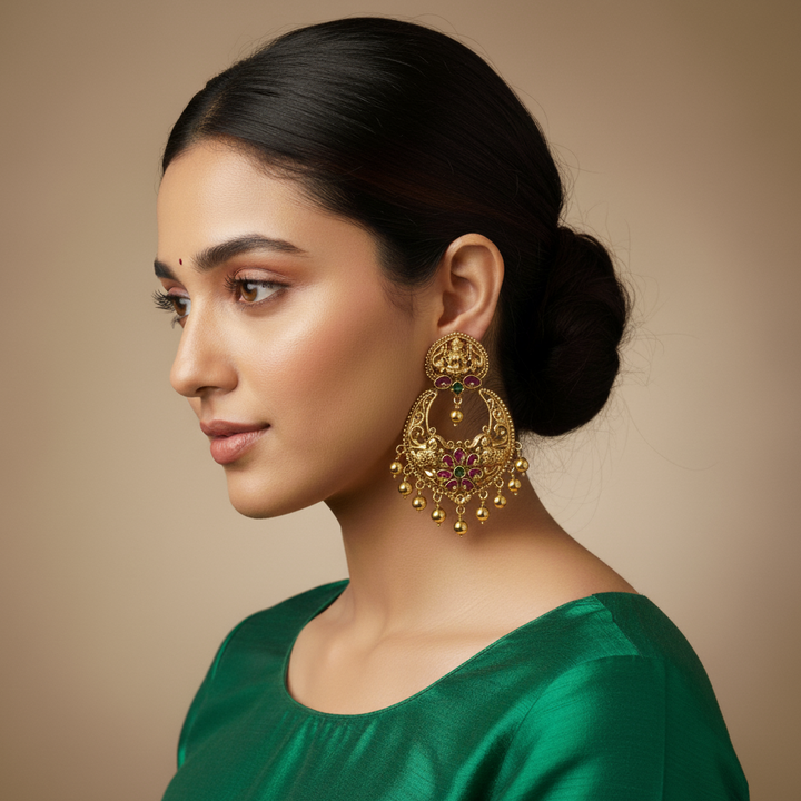 ai model wearing temple chandbali earrings.