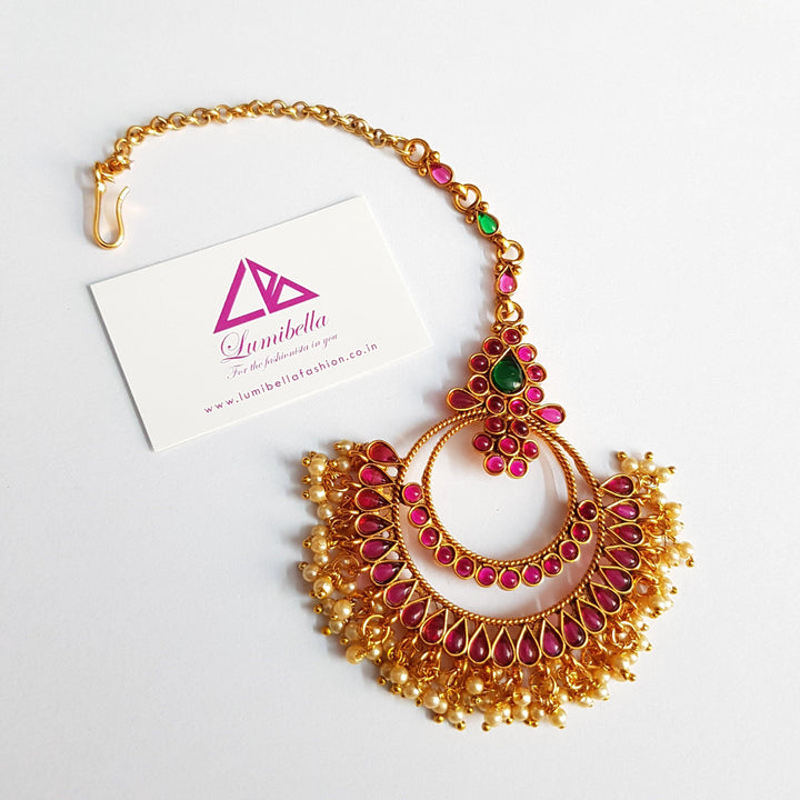 Antique Style Multi Color Maang Tikka With Pearls - LumibellaFashion