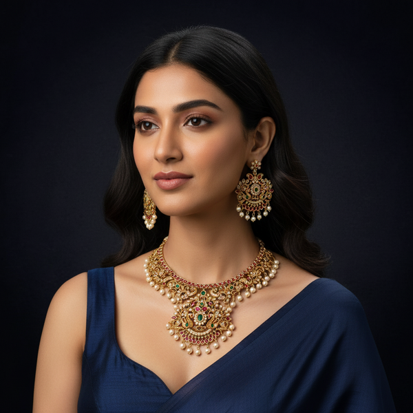 ai model wearing matte semi brida neckset. 