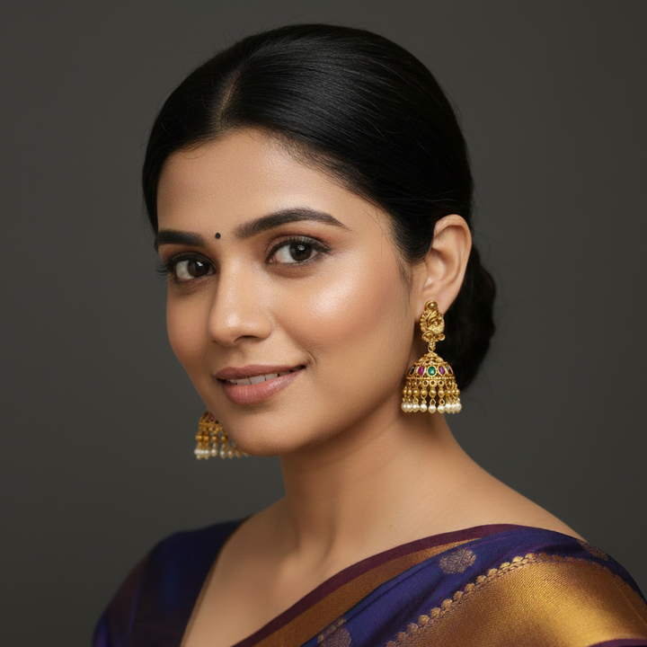 model wearing lumibella Peacock Earrings Jhumka