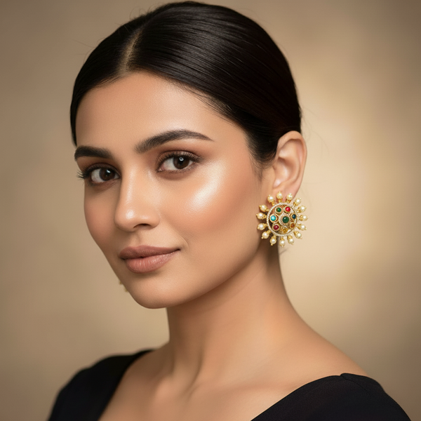 Woman wearing navrathna stud earrings  