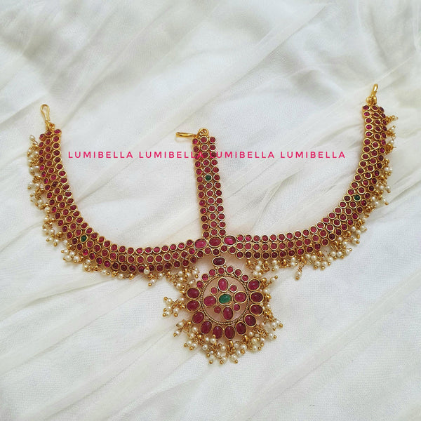 Kemp Three Layer Maang Tikka With White Beads - LumibellaFashion