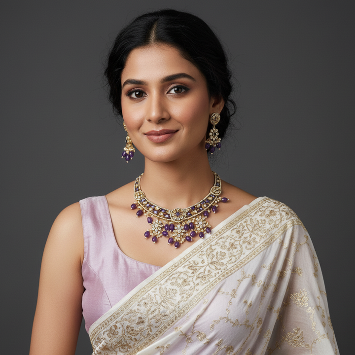 women wearing purple stone embellished lumibella chokers and earrings.  