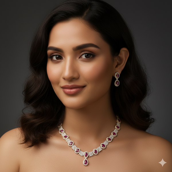 Woman wearing a luxurious american diamond and ruby necklace and earrings 