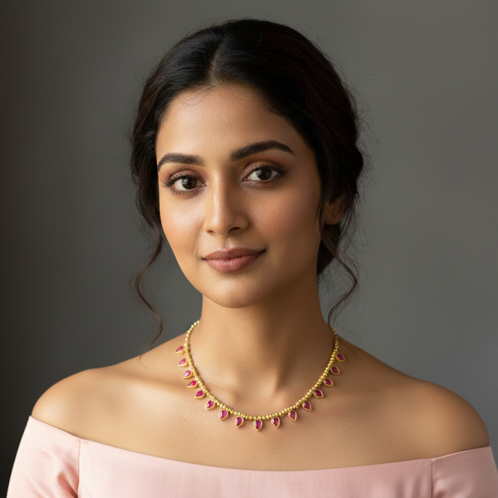 Woman wearing a ruby invisible chain