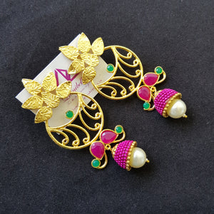 Gold polished Long Earrings with pearl and stone embellishment