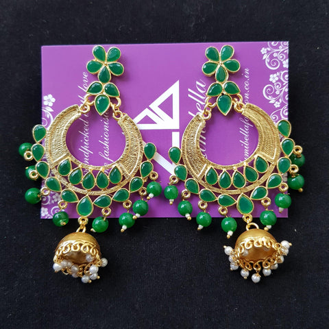 Designer Chandbali Earrings with Green Stones - LumibellaFashion
