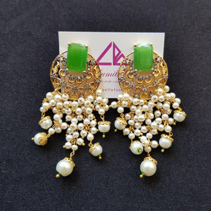 Designer Dangler Style Green Stone Studded Earrings - LumibellaFashion