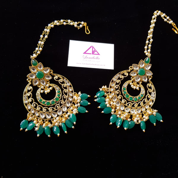Kundan Style Chandbali Earrings with Green Bead work