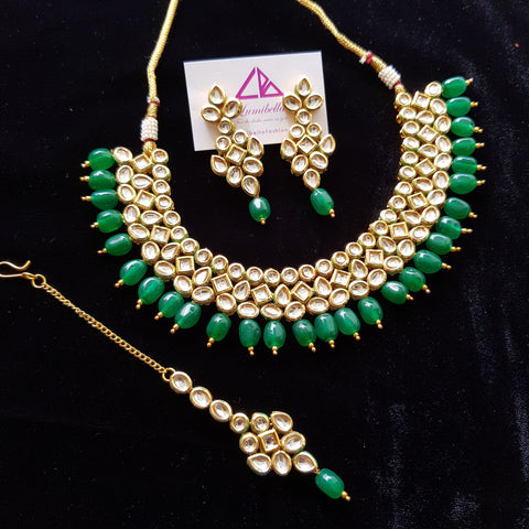 Kundan Style Bridal set with Green Pearls