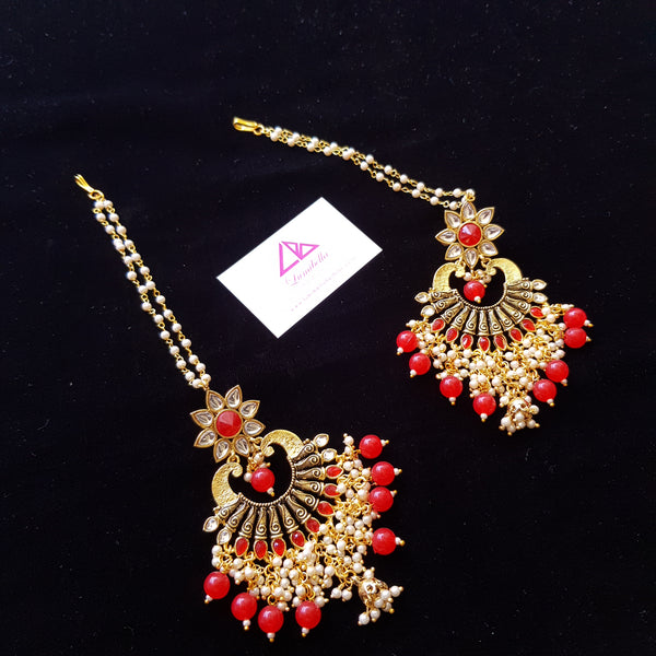 Red Enameled Designer Chandbali Earrings with Hangings