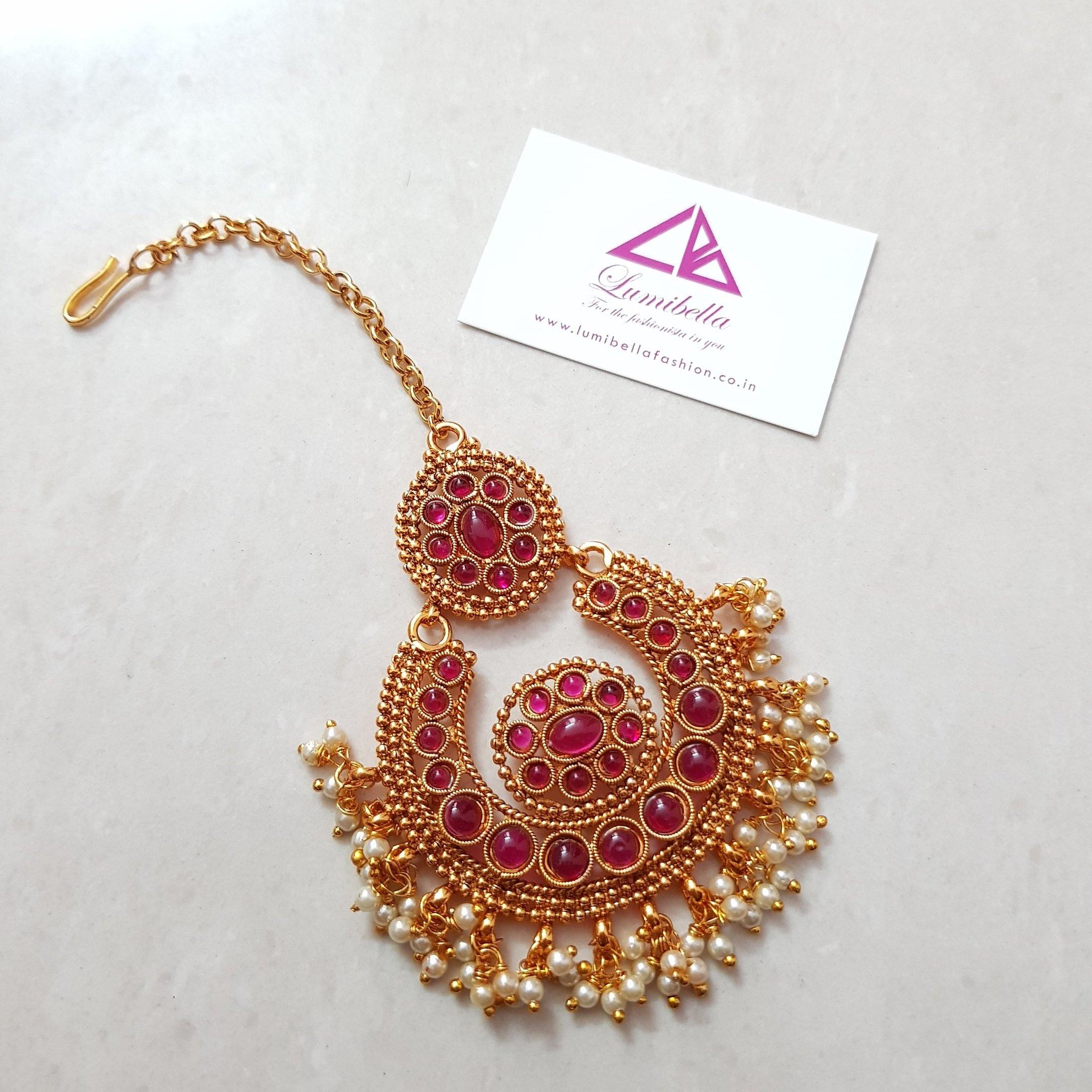 Antique Gold Polish Floral Patterned Maang Tikka with Ruby Faux Stones - LumibellaFashion