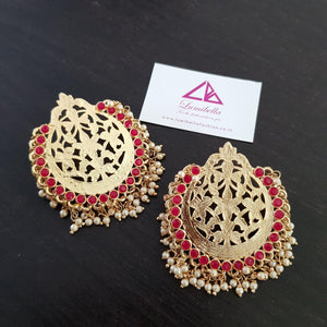 Pink Chandbali Style Designer Earrings with Pearl Gungurus - LumibellaFashion
