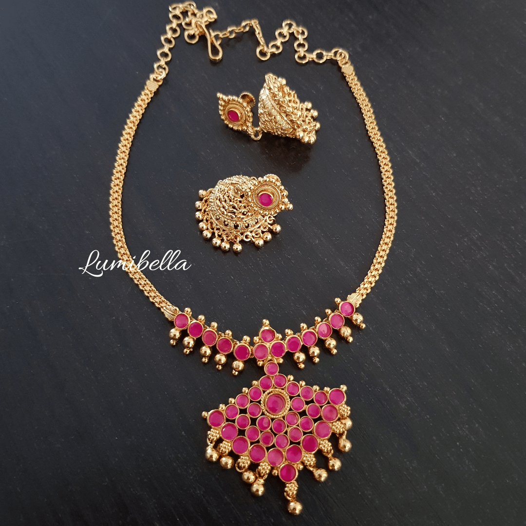 Gold Polish Floral Neckset with Ruby Stone Embellishment - LumibellaFashion