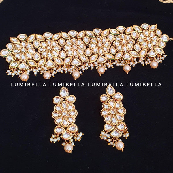White Kundan and Pearl Embellished Kangana Choker - LumibellaFashion