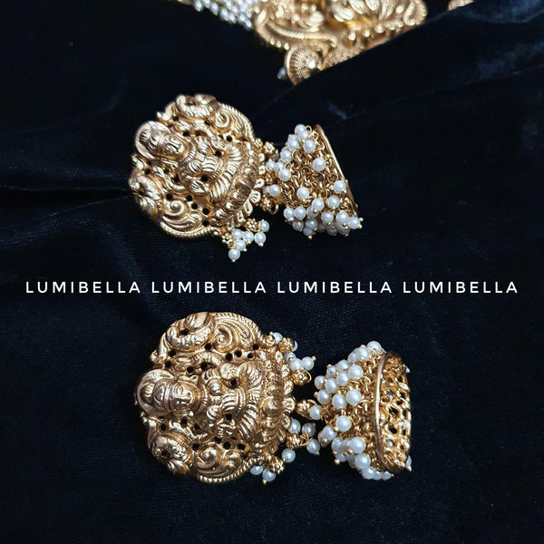 Goddess Lakshmi Engraved Matte Necklace With Jhumki Earrings - LumibellaFashion