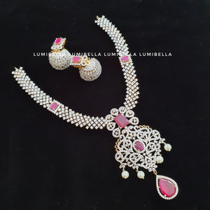 White Polish CZ Long Necklace With Ruby Embellishment - LumibellaFashion