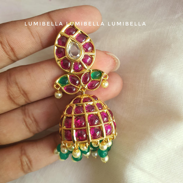 1 Gram Gold Handset Exquisite Kemp Jhumka Earrings - LumibellaFashion