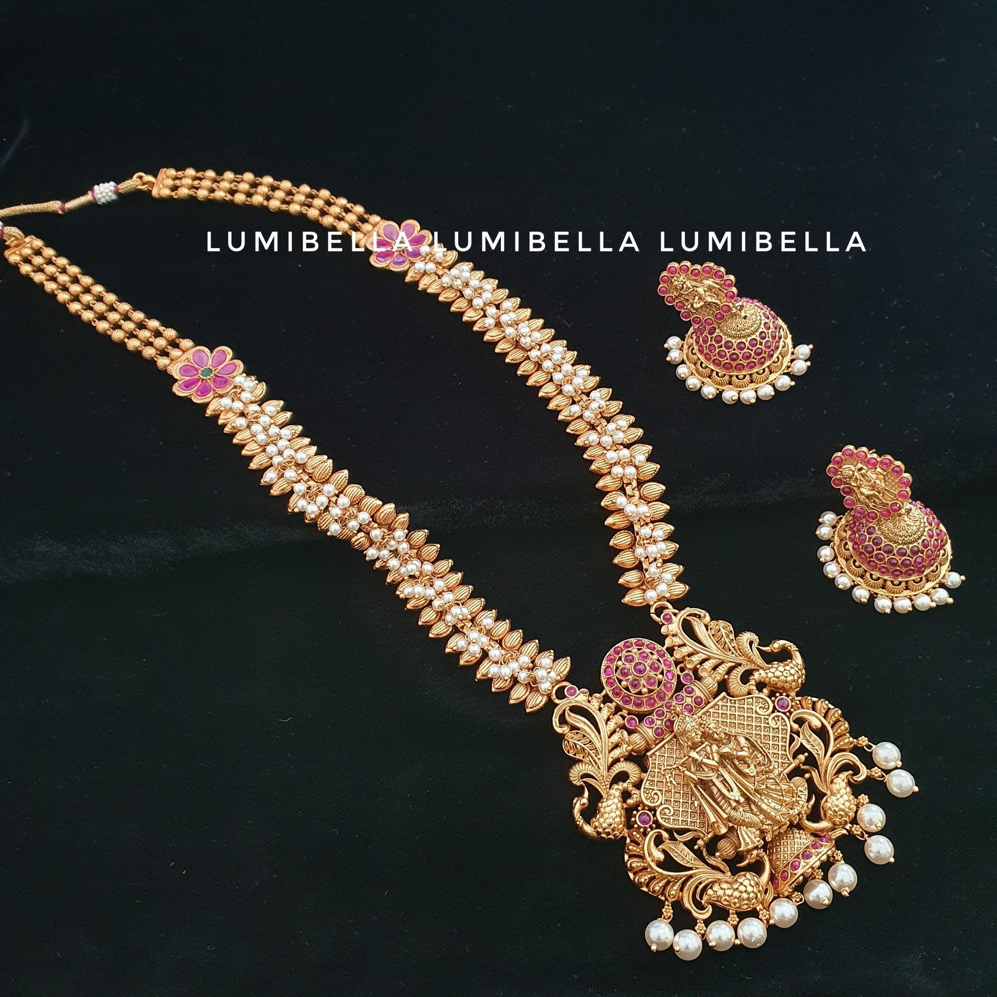 Krishna Style Pearl Work Long Necklace - LumibellaFashion