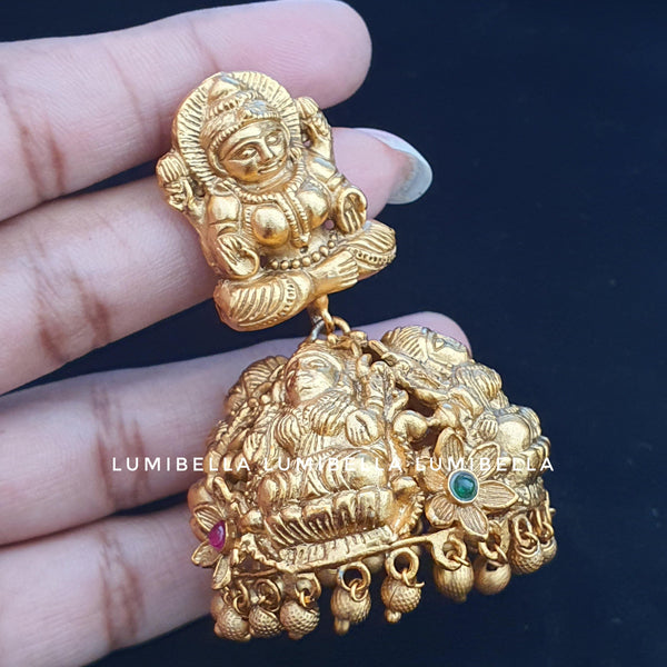 Matte Finish Goddess Laksmi Style Temple Big Jhumki Earrings. - LumibellaFashion
